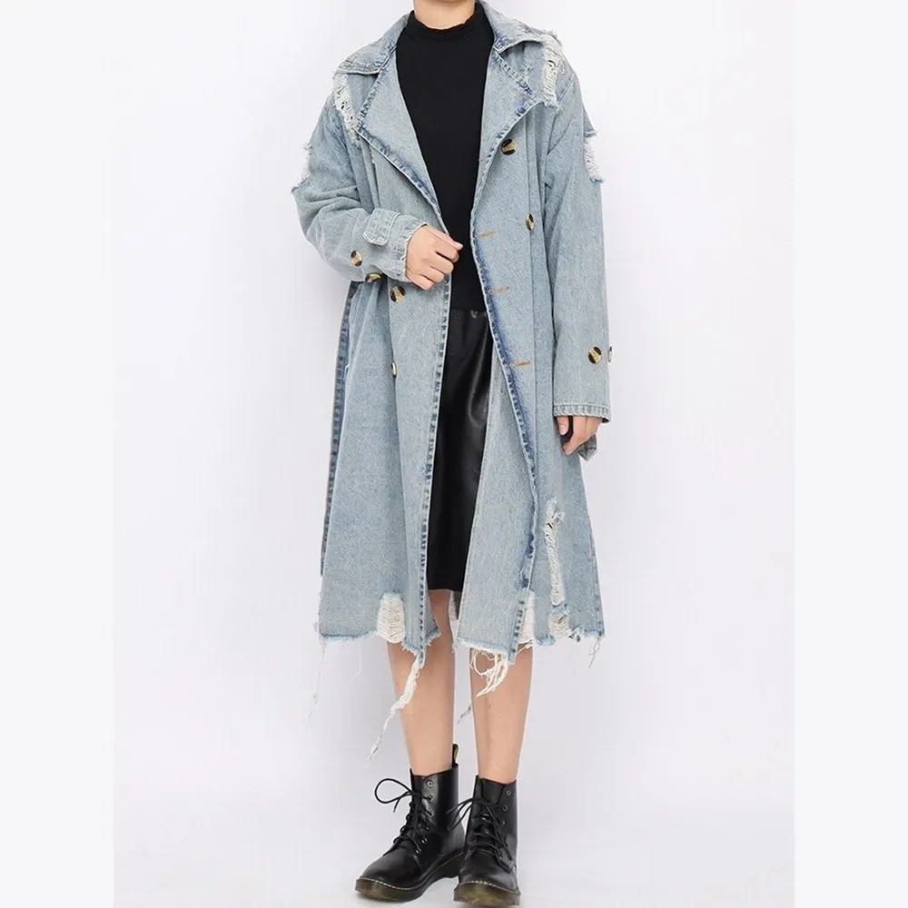 Hollow Out Denim Trench Coat For Women