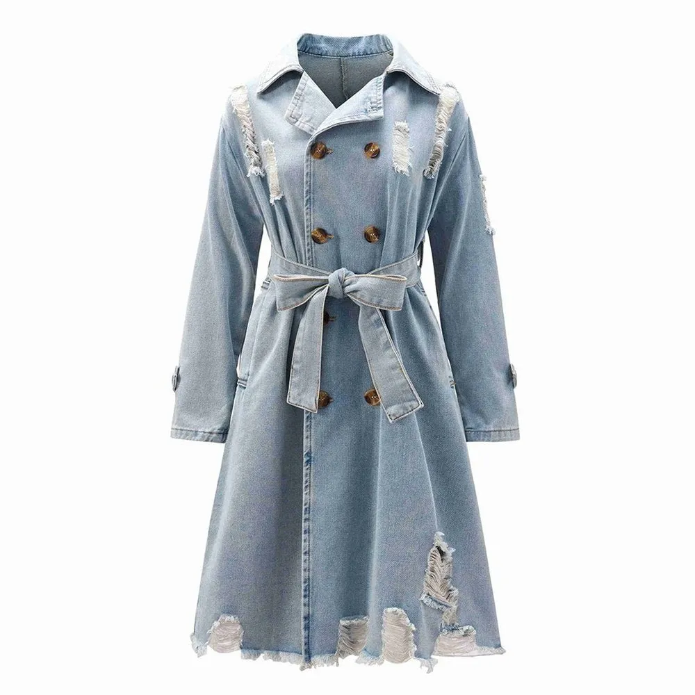 Hollow Out Denim Trench Coat For Women