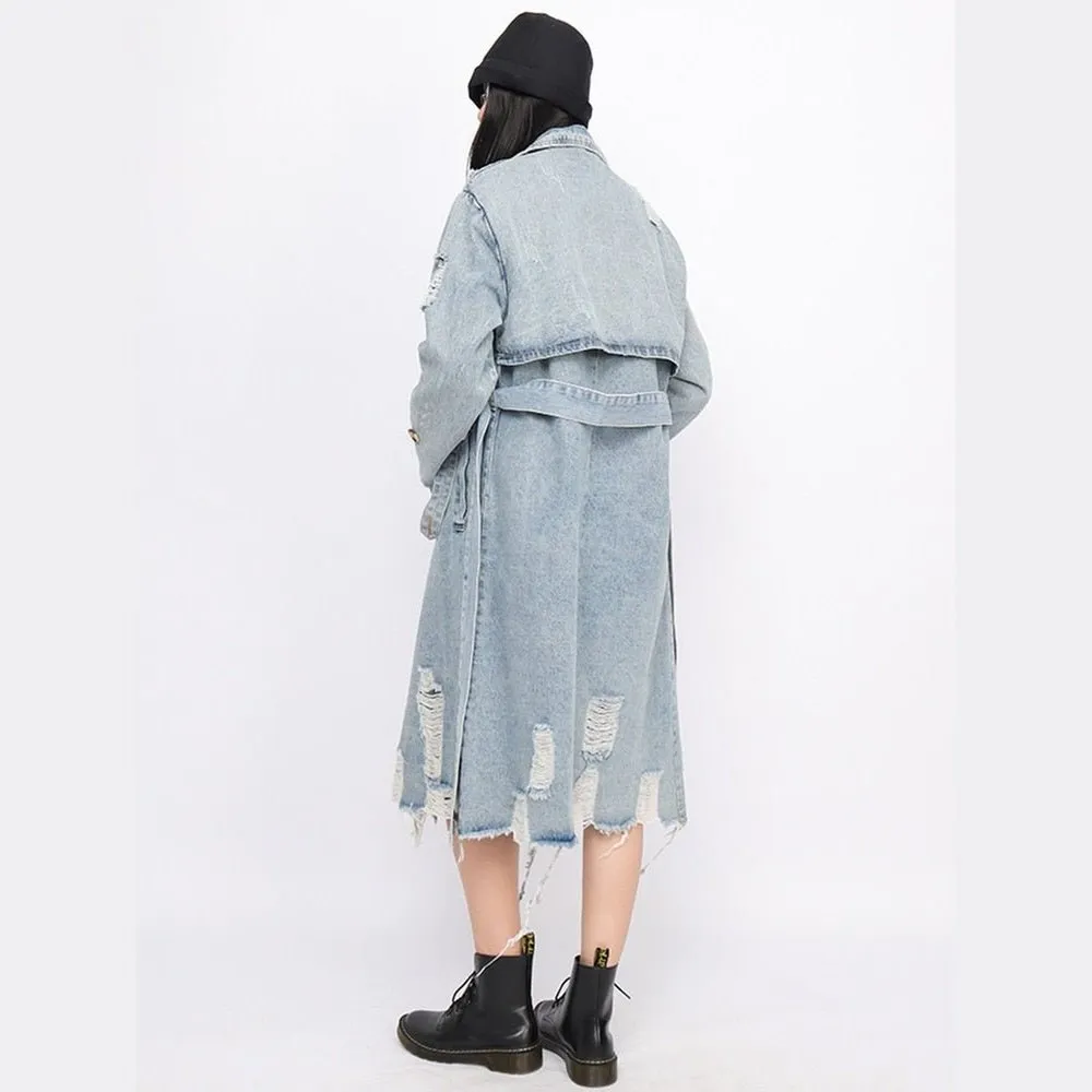 Hollow Out Denim Trench Coat For Women