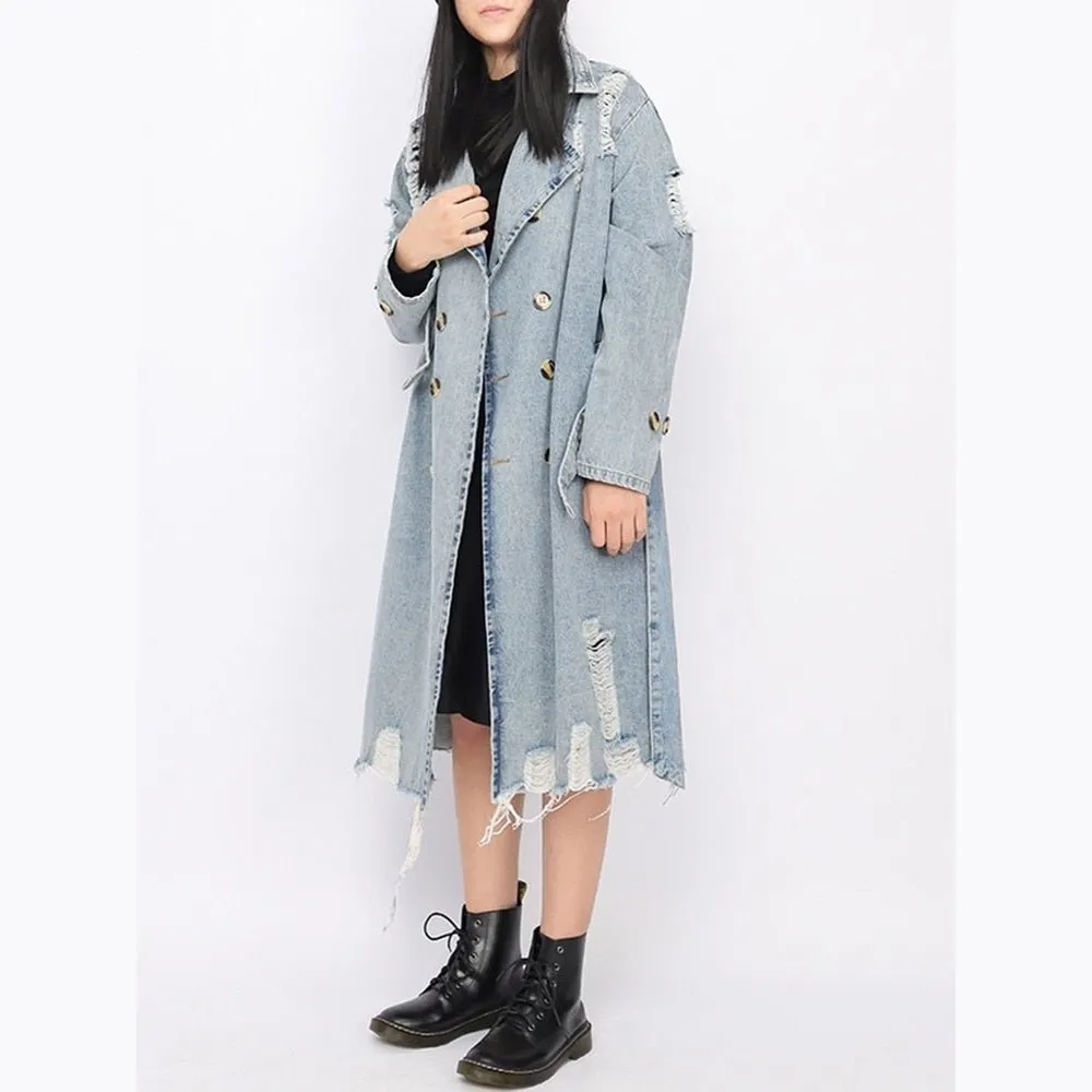 Hollow Out Denim Trench Coat For Women