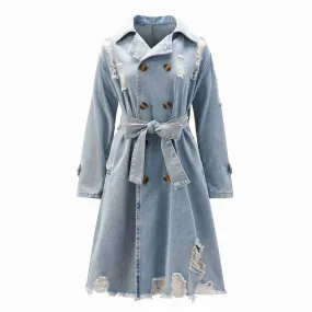 Hollow Out Denim Trench Coat For Women