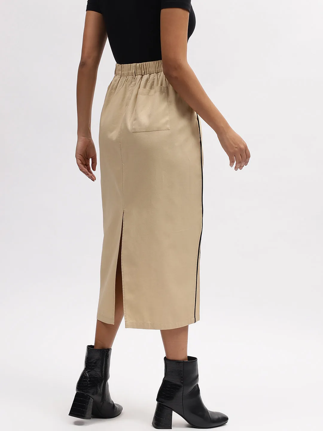 Iconic Women Beige Solid Straight Fit Skirt