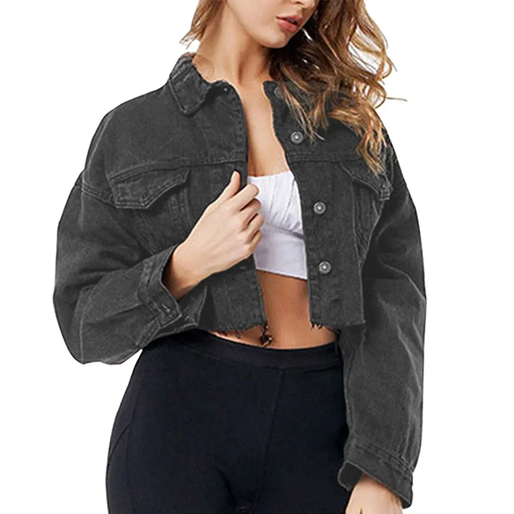 Jean Jacket Women Denim Black 2021 New Trench Solid  Ripped Coat Fashion Female Extra Short Outwear