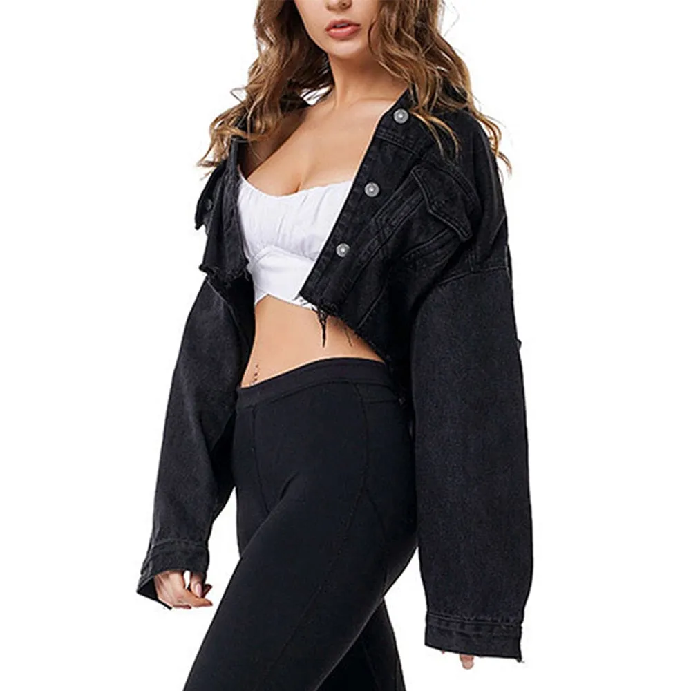 Jean Jacket Women Denim Black 2021 New Trench Solid  Ripped Coat Fashion Female Extra Short Outwear