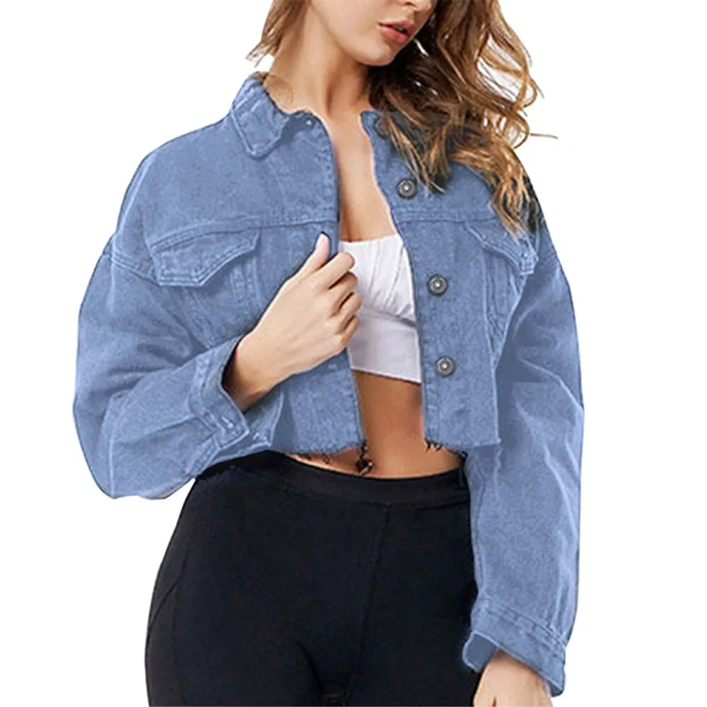 Jean Jacket Women Denim Black 2021 New Trench Solid  Ripped Coat Fashion Female Extra Short Outwear