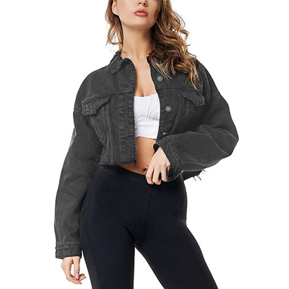 Jean Jacket Women Denim Black 2021 New Trench Solid  Ripped Coat Fashion Female Extra Short Outwear