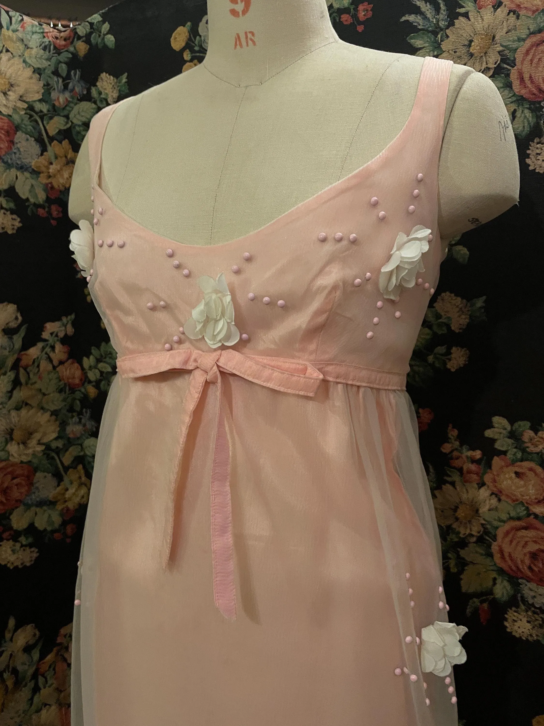 Jean Varon 1960s Maxi Dress Empire Waist Scooped Neckline Evening Gown Baby Pink Designer Vintage Eventwear Bridgerton Regency Period UK 8