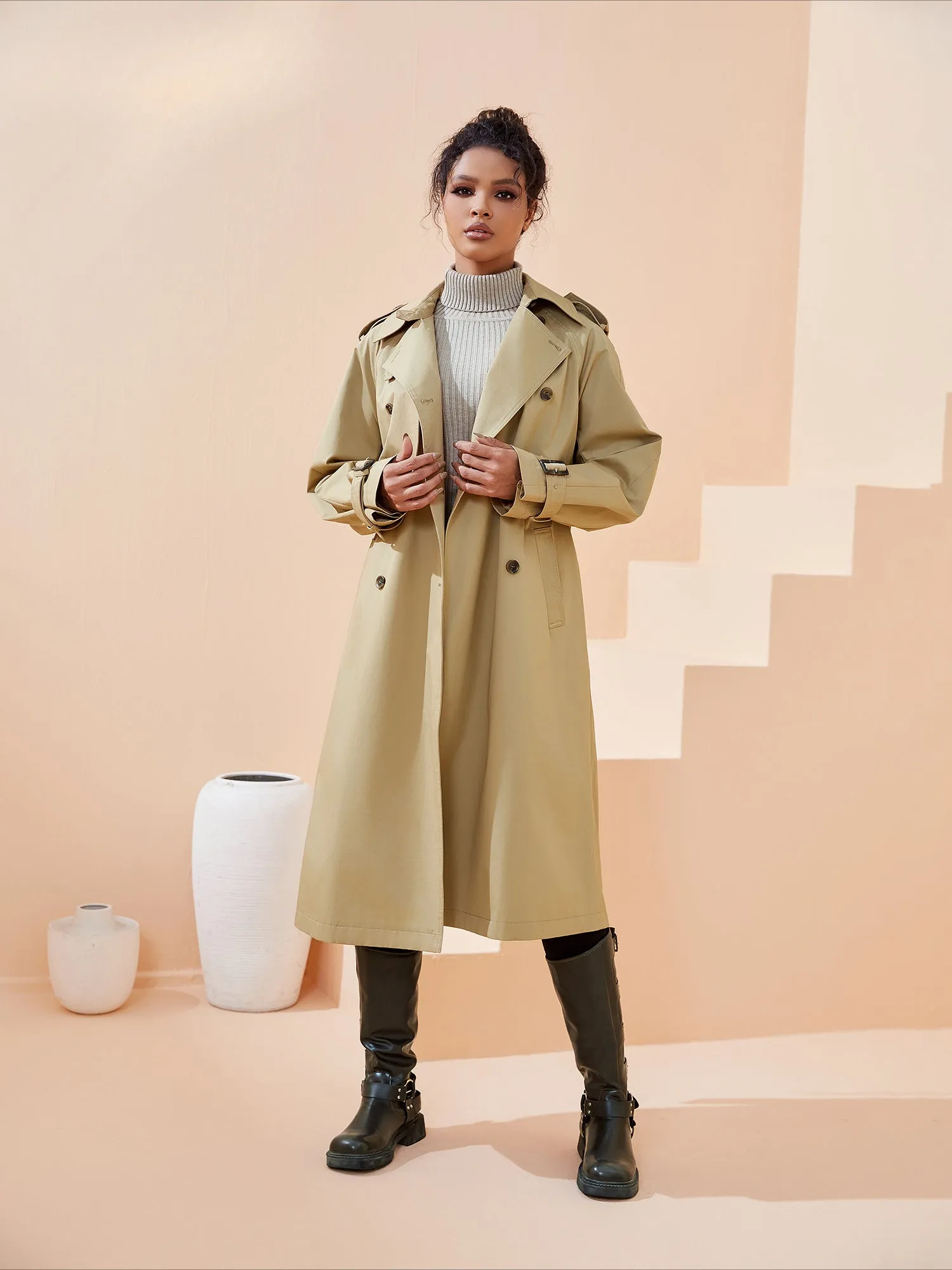 Khaki 3/4 Length Turn Down Full Sleeve Casual Women Trench Coats