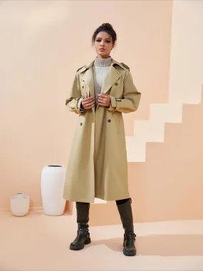 Khaki 3/4 Length Turn Down Full Sleeve Casual Women Trench Coats