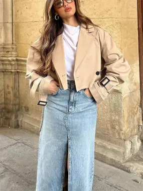 Khaki Loose Short Trench Coat 2024 Spring Fashion Solid Crop Ladies High Street Oversized Outwear Jacket