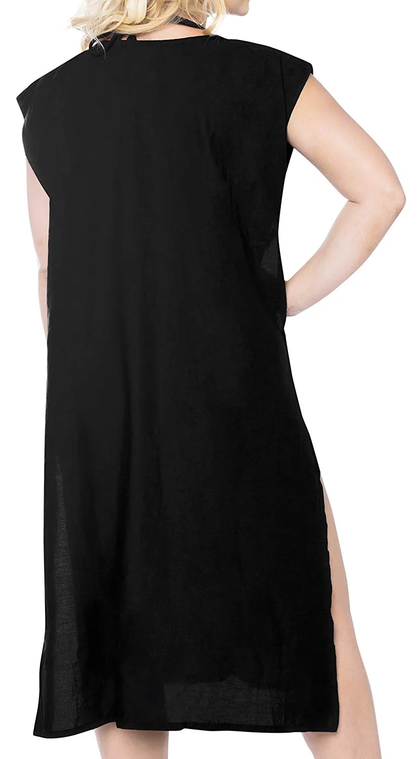 LA LEELA Rayon Solid Hawaiian Beach Cover Up OSFM 8-14 [M-L] Black_6321