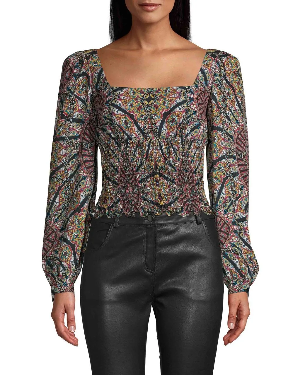 Labyrinth Silk X-Back Smocked Blouse In Brown Multi