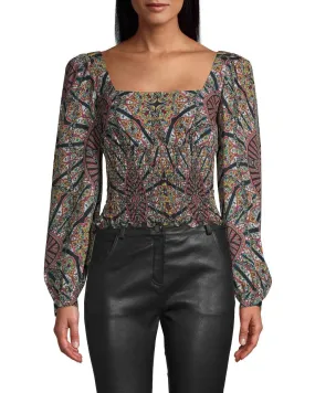 Labyrinth Silk X-Back Smocked Blouse In Brown Multi