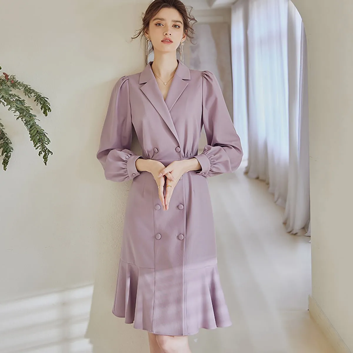Lapel Double-Breasted Lilac Dress