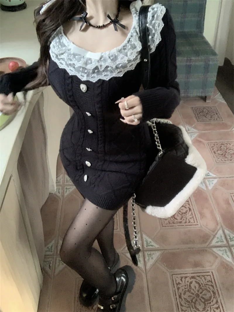 Lazy Girl Fall White Pink Black Lace Collar Knit Bodycon Dress