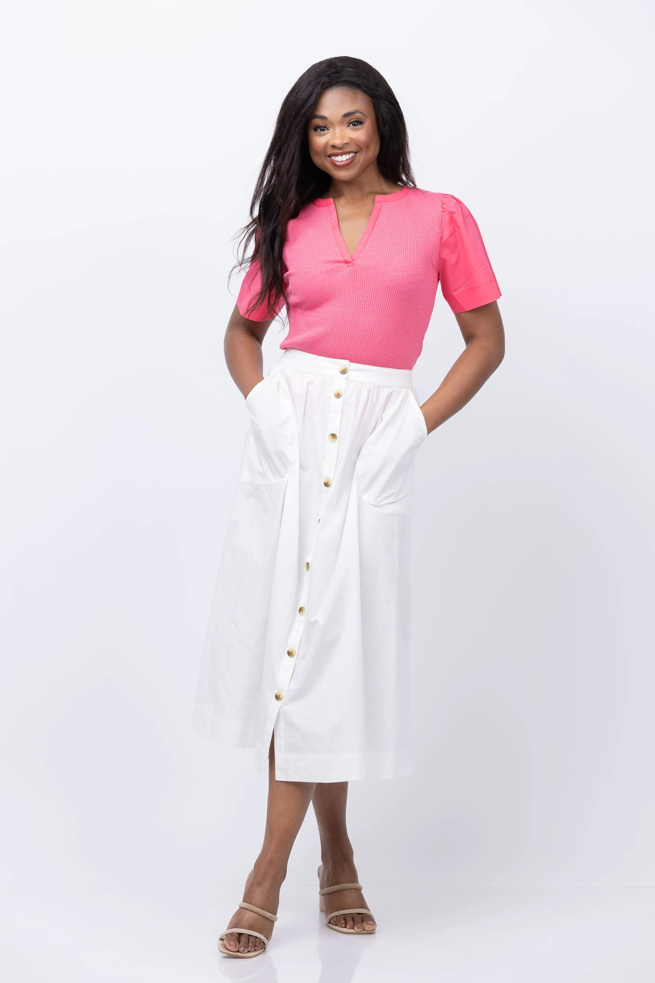 Lilla P Button Front Long Skirt in White