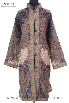 Limited Edition Stitched Kaani Woven Women's Luxury Coat - Enchanting Blue