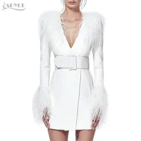 Long Sleeve V-Neck Feather Slim Style Women Coats