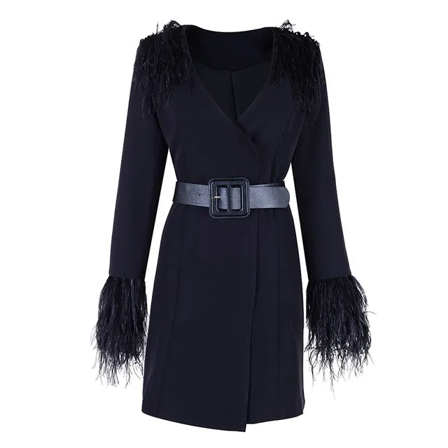 Long Sleeve V-Neck Feather Slim Style Women Coats
