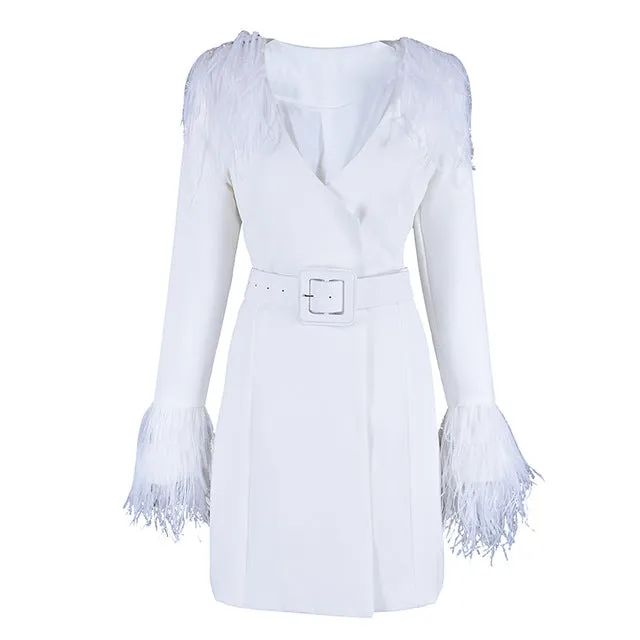 Long Sleeve V-Neck Feather Slim Style Women Coats