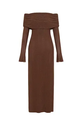 Marcel Off Shoulder Diamante Maxi Dress Brown by Meshki