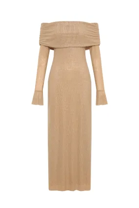 Marcel Off Shoulder Diamante Maxi Dress Nude by Meshki