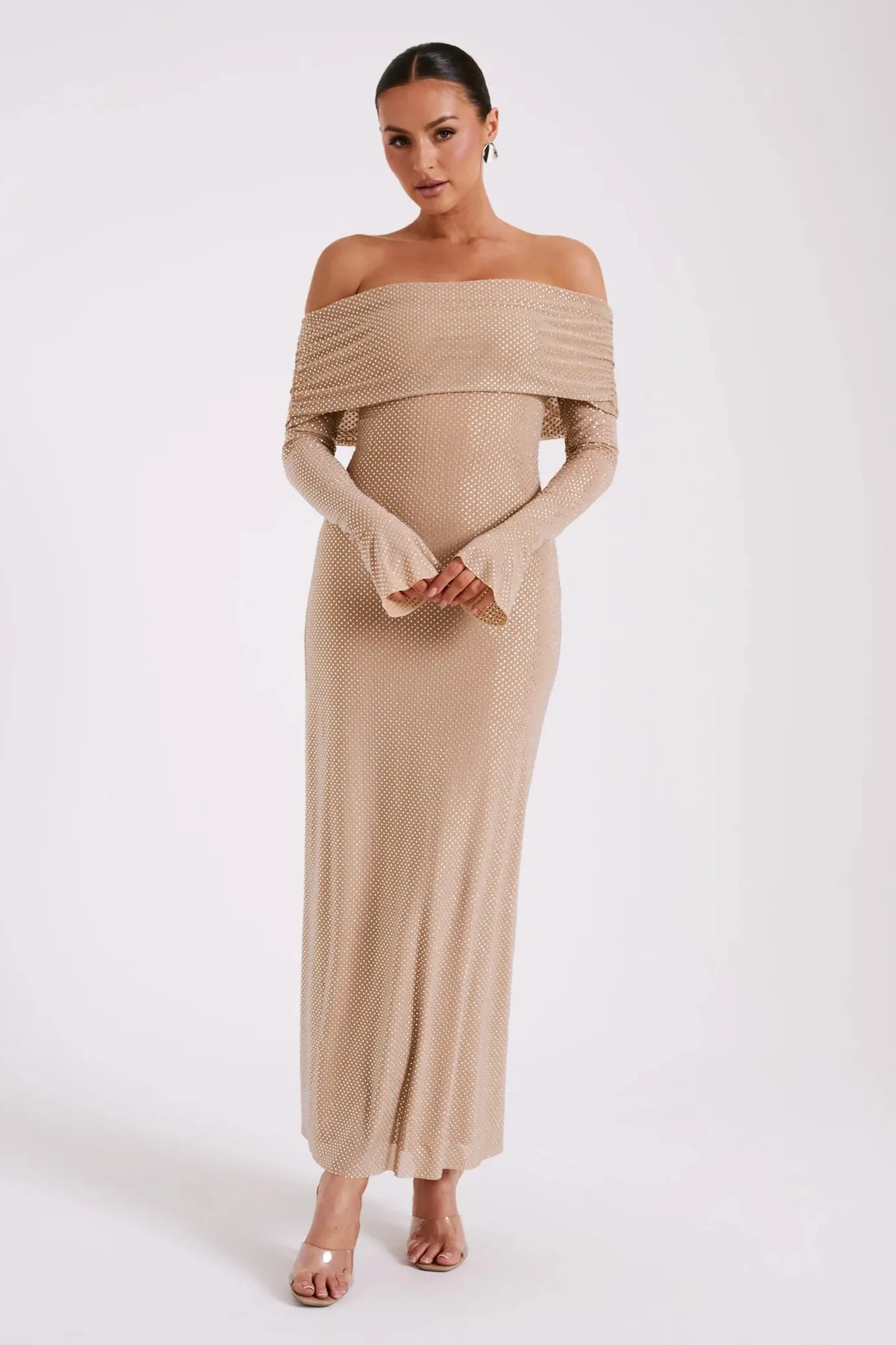 Marcel Off Shoulder Diamante Maxi Dress Nude by Meshki