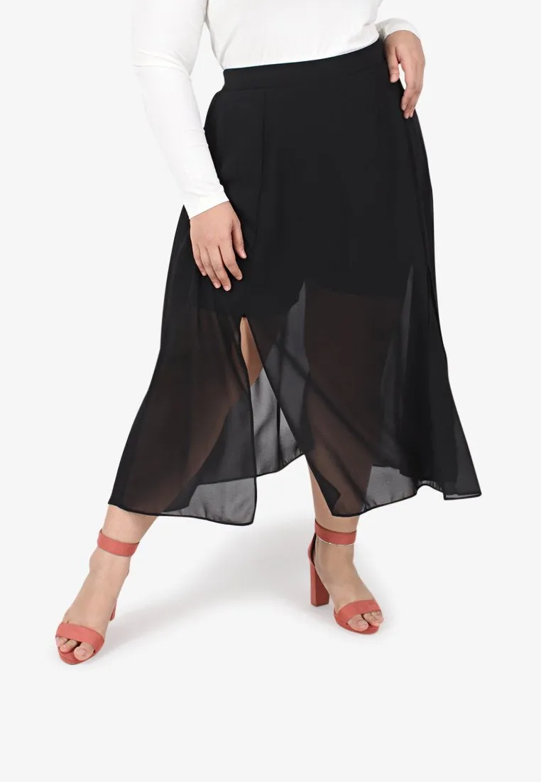 Marcella Midi Chiffon Slit Skorts - Black