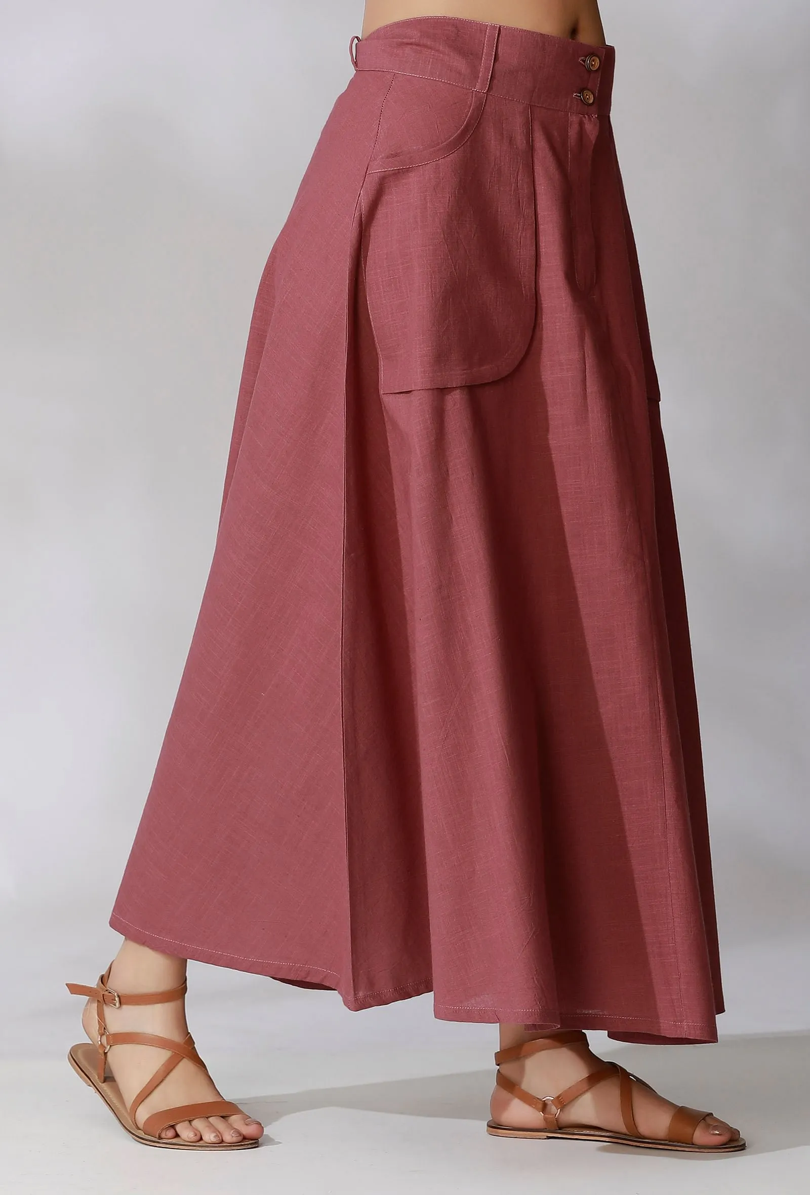 Mauve Color Cotton Straight Skirt With Wide Pockets