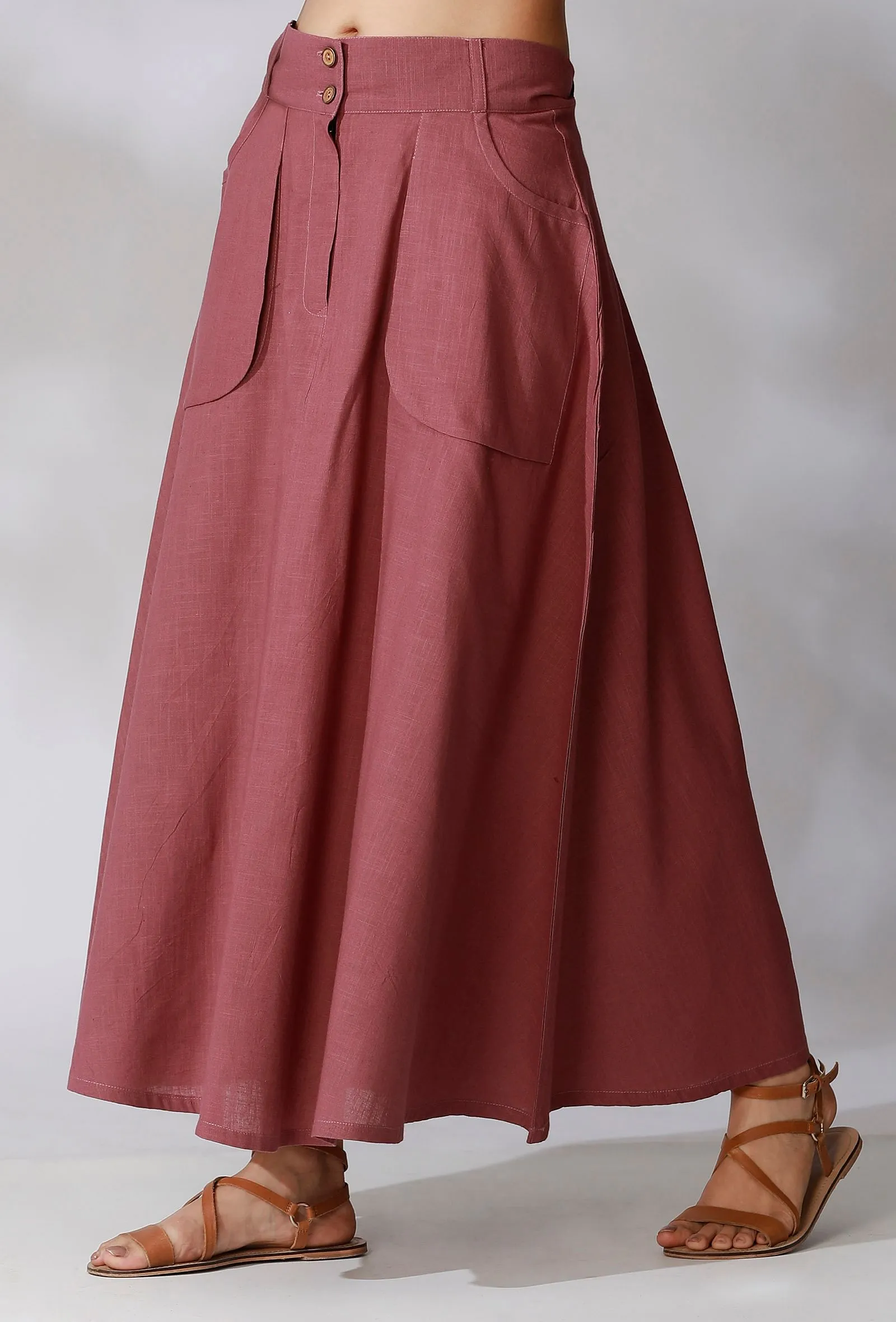Mauve Color Cotton Straight Skirt With Wide Pockets
