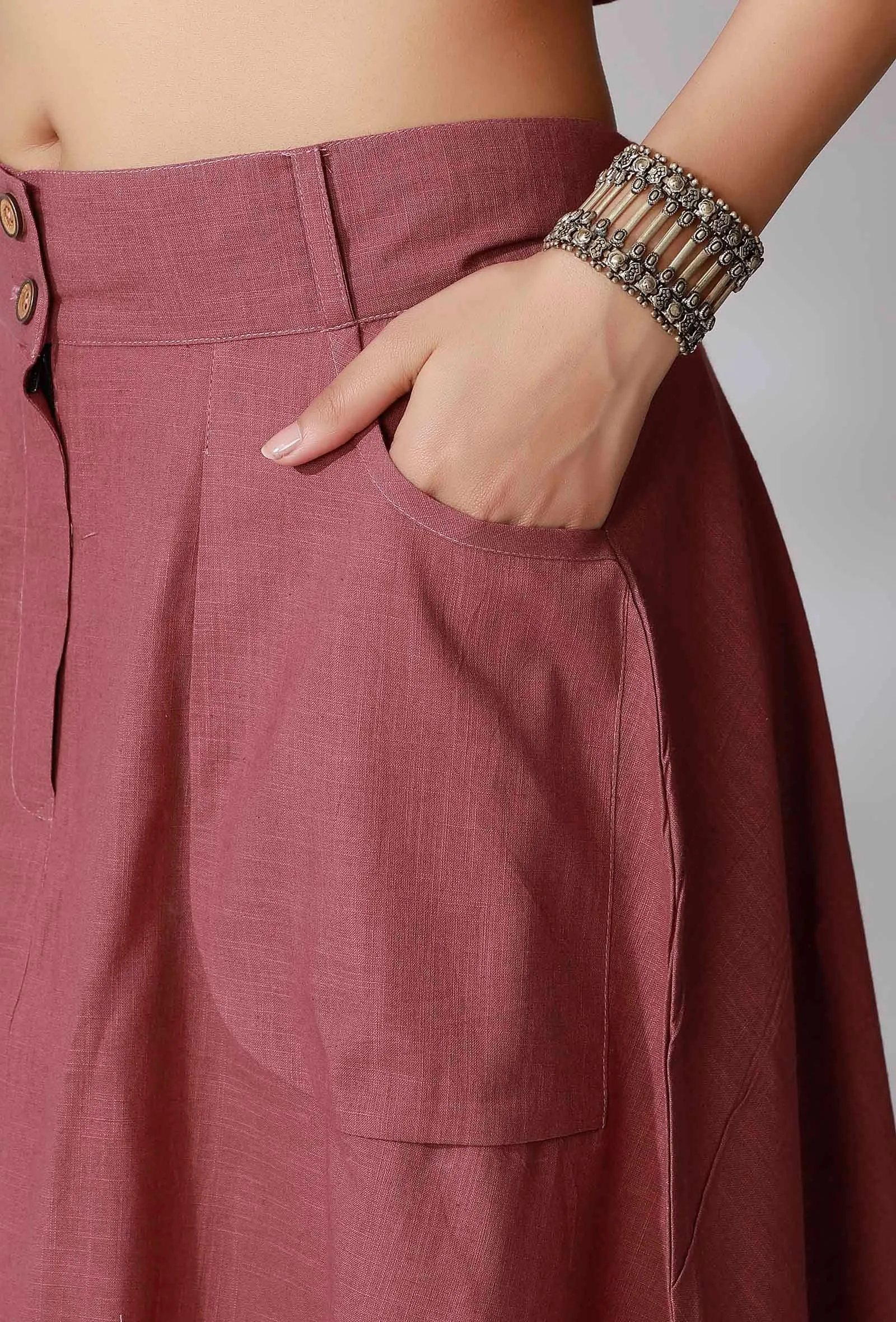 Mauve Color Cotton Straight Skirt With Wide Pockets