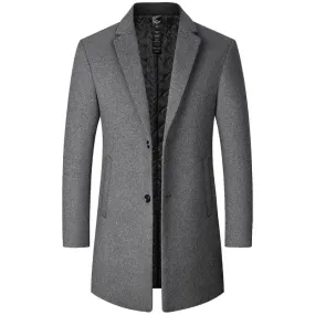Mens Solid Colour Long Woollen Smart Casual Windbreaker Coat