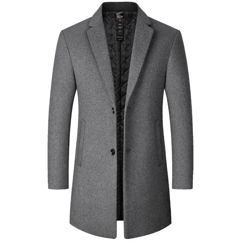 Mens Solid Colour Long Woollen Smart Casual Windbreaker Coat