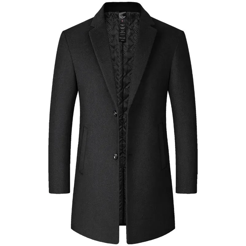 Mens Solid Colour Long Woollen Smart Casual Windbreaker Coat