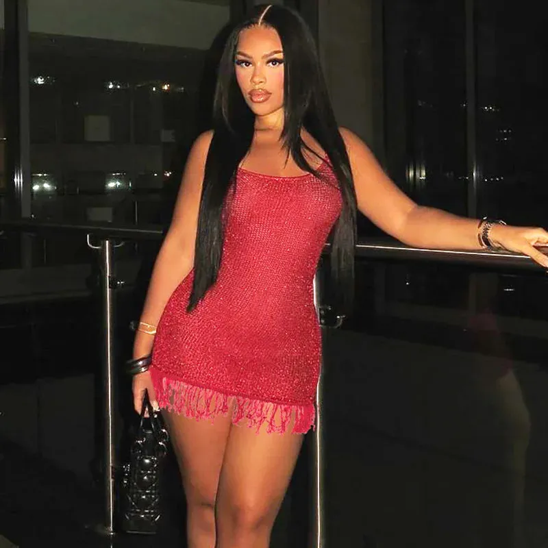 Mesh Fringe Mini Dress for Nightclub Outings