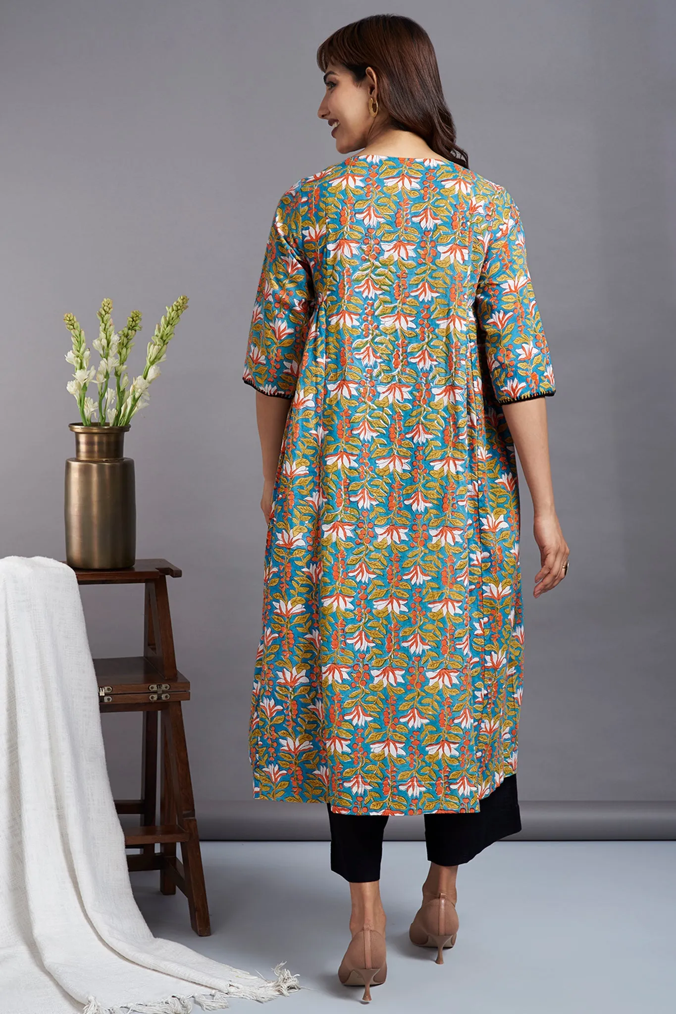 misty flower fields - side gather handblock printed a-line kurta with crochet details