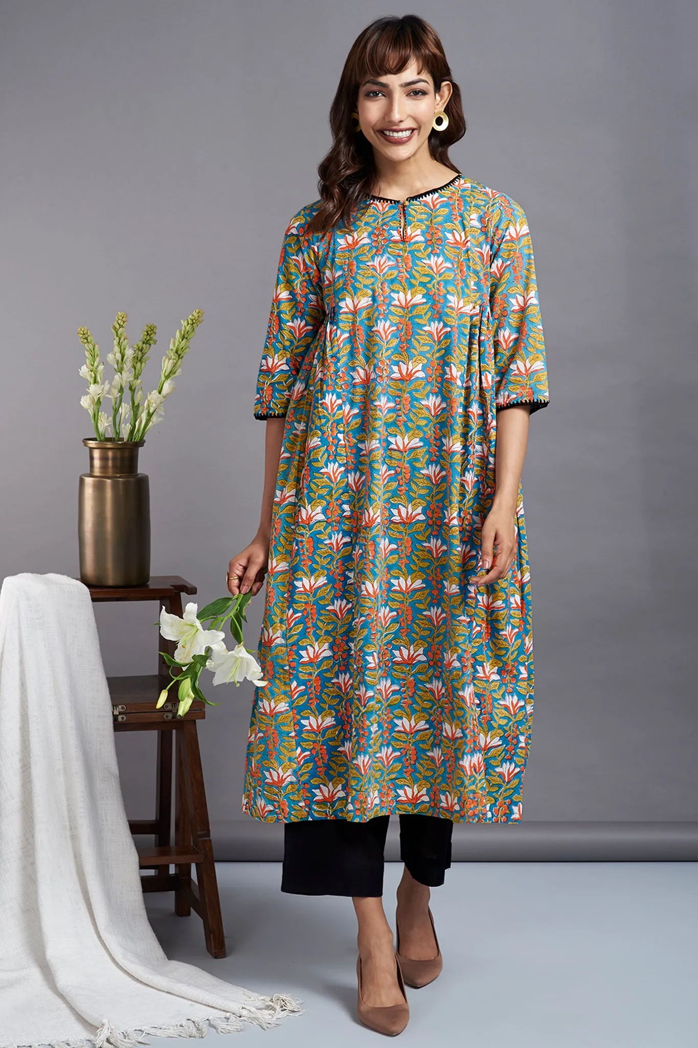 misty flower fields - side gather handblock printed a-line kurta with crochet details