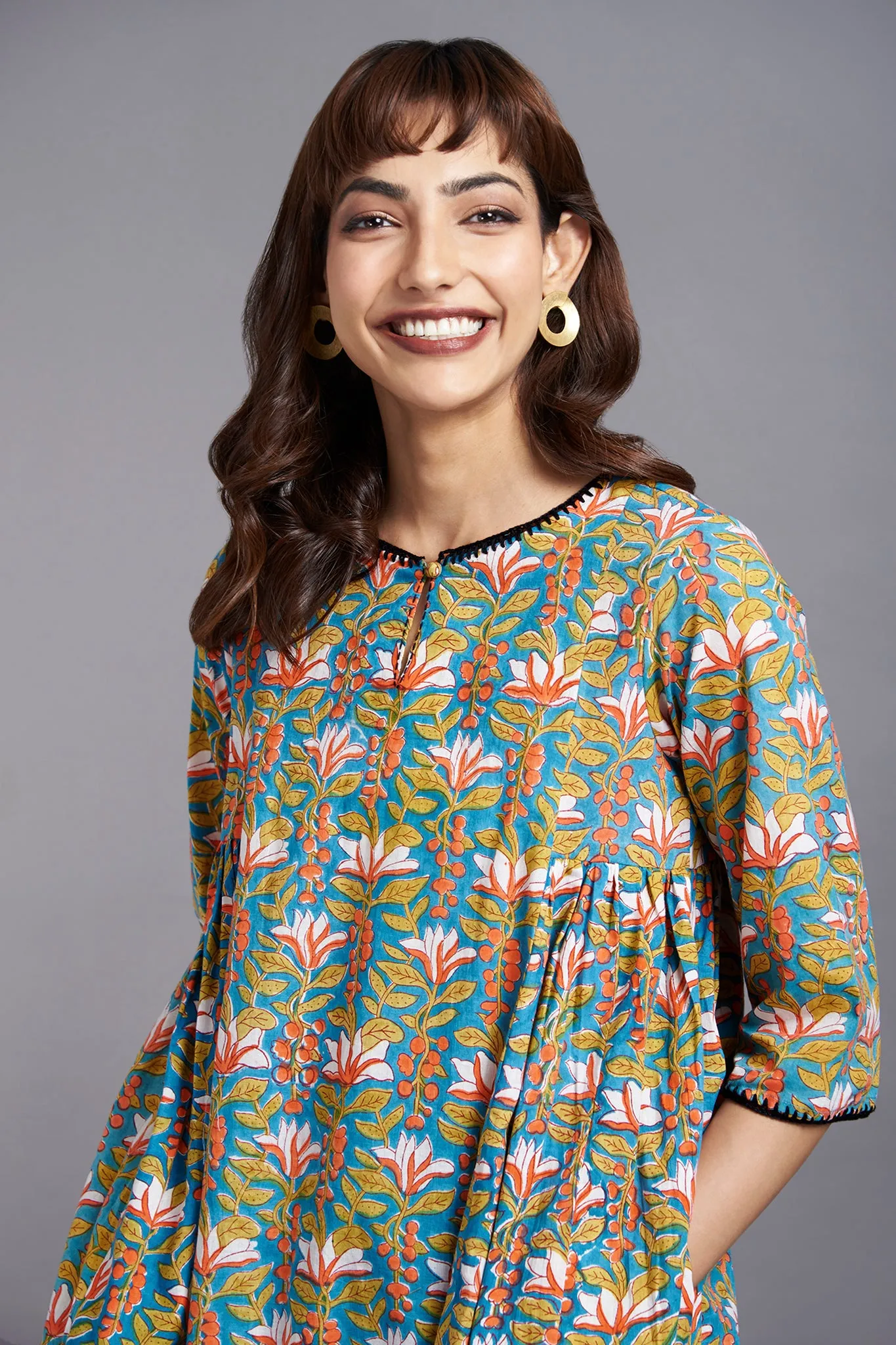misty flower fields - side gather handblock printed a-line kurta with crochet details