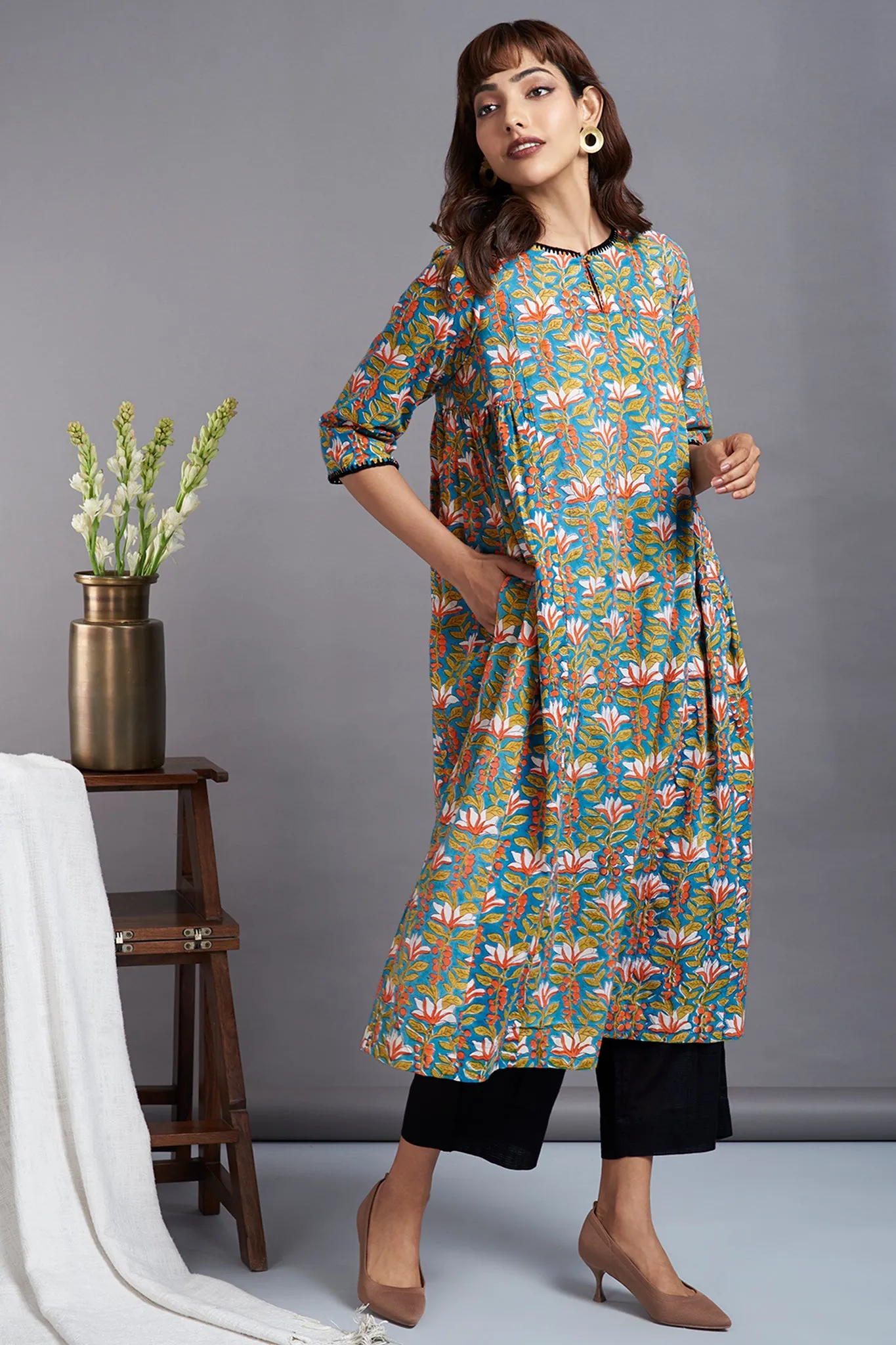 misty flower fields - side gather handblock printed a-line kurta with crochet details