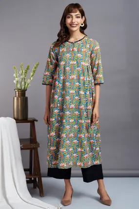 misty flower fields - side gather handblock printed a-line kurta with crochet details