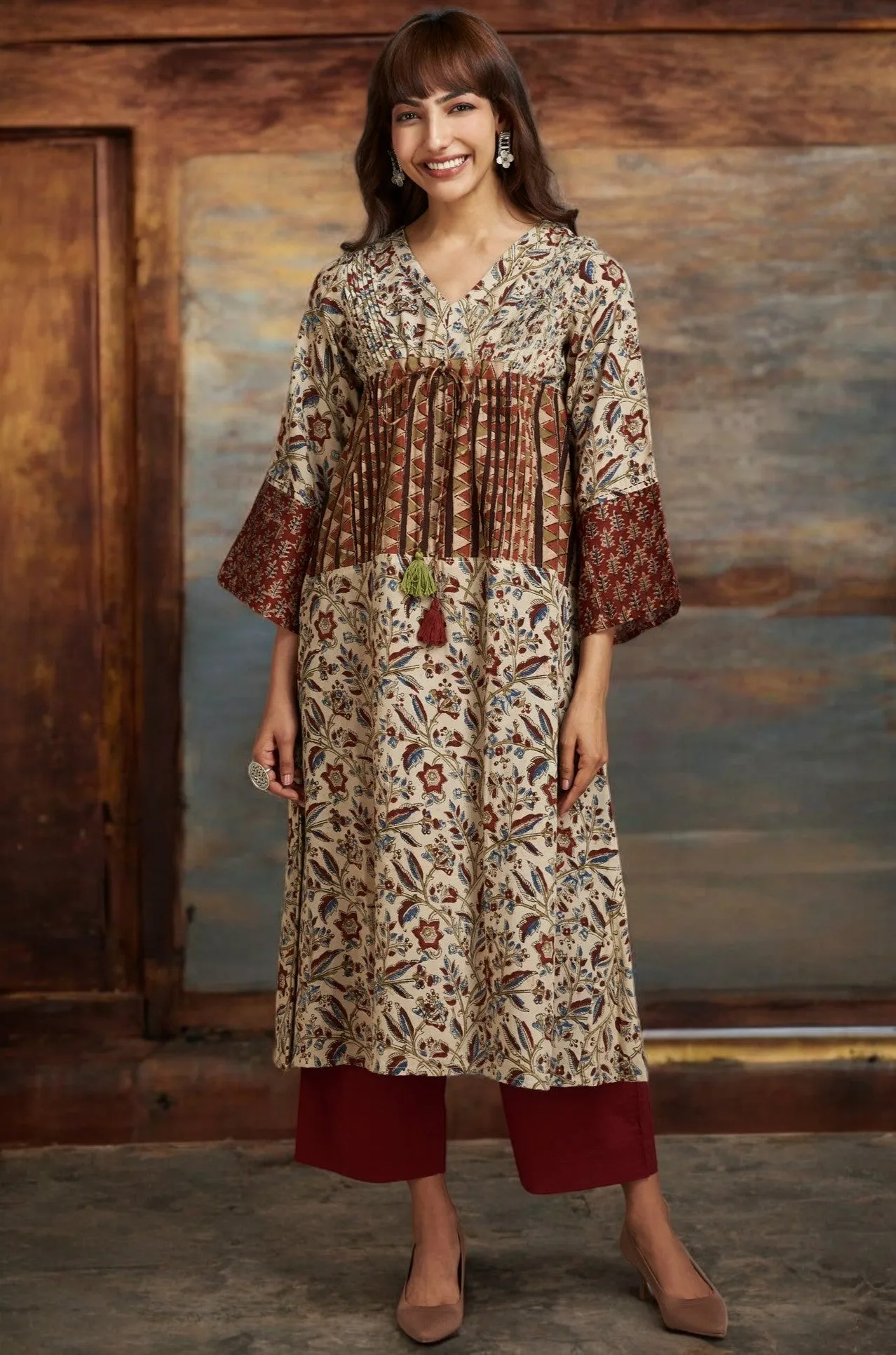 modal silk kimono kaftan dress - ivory splendor & decadent madder