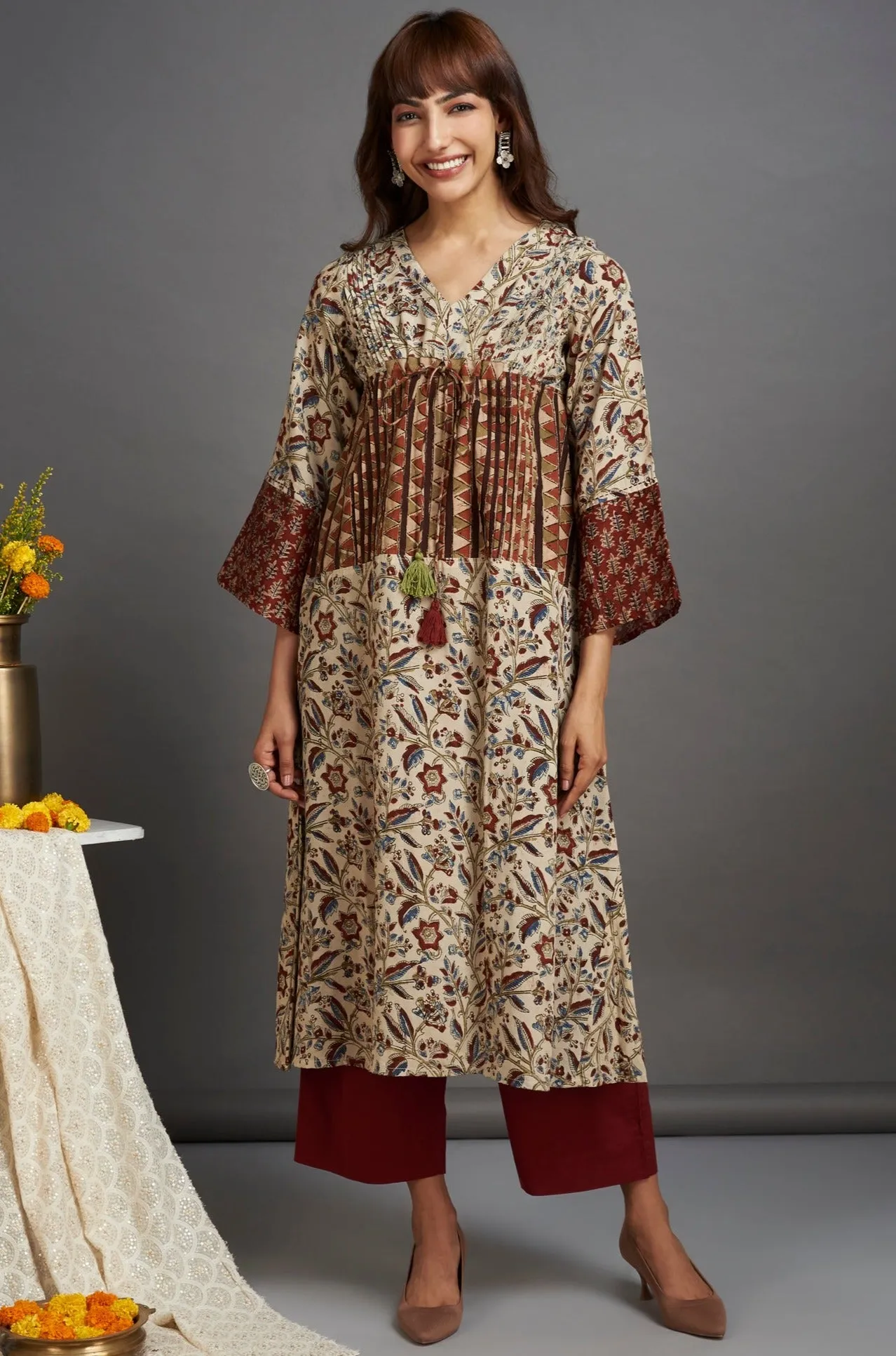 modal silk kimono kaftan dress - ivory splendor & decadent madder