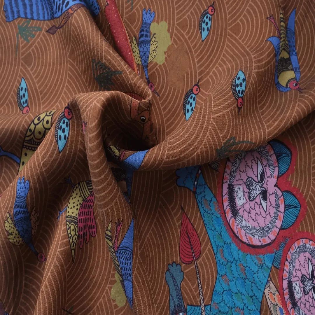 Multicolor Gond Print Silk Fabric