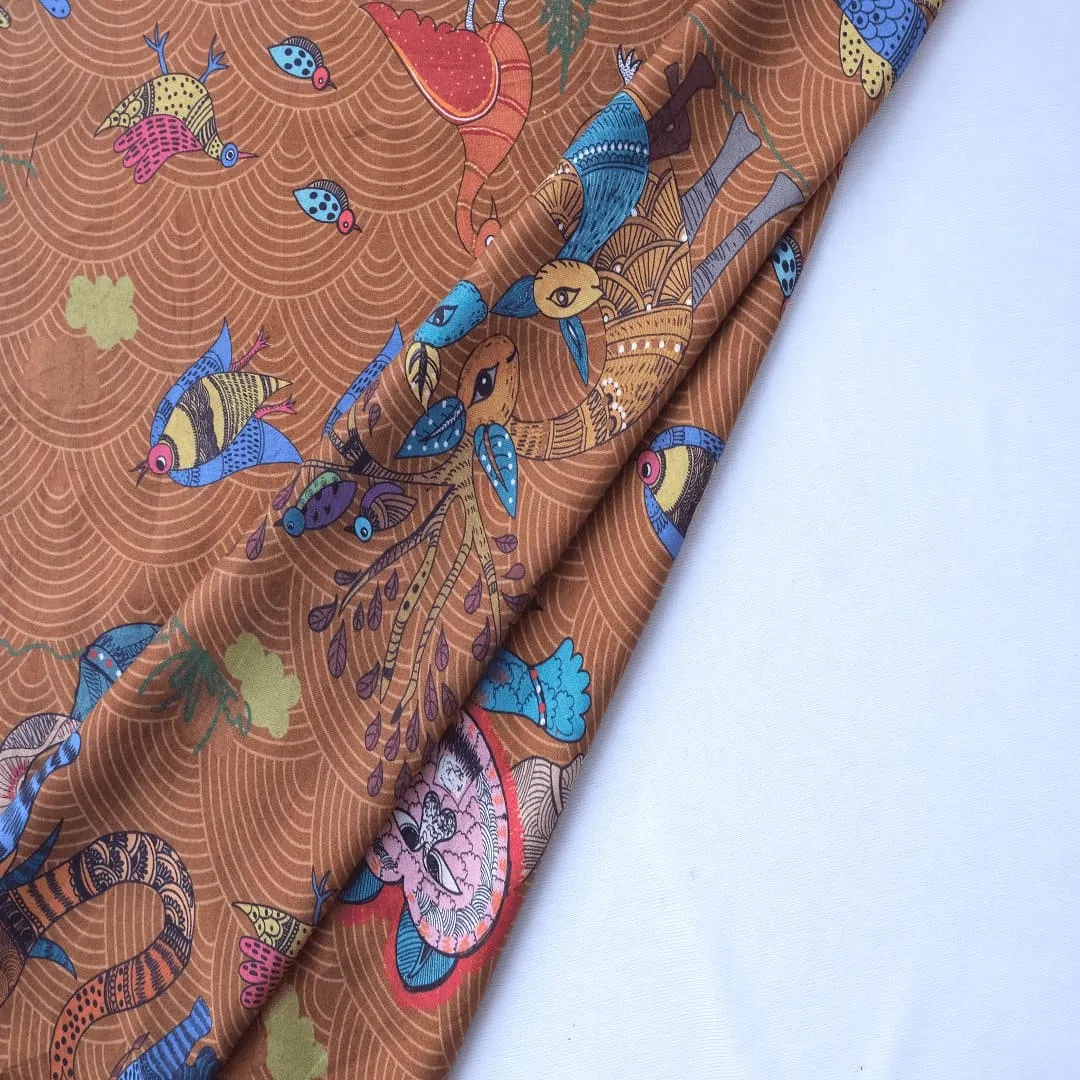 Multicolor Gond Print Silk Fabric