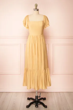 Myrtille Beige | Midi Dress w/ Ruffled Sleeves