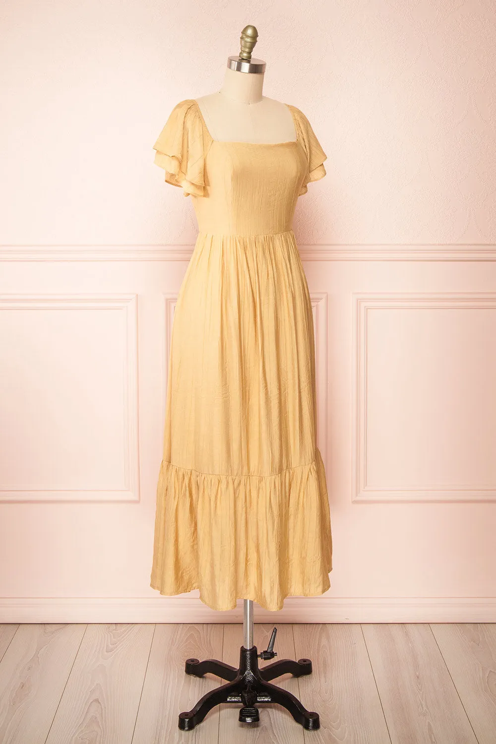 Myrtille Beige | Midi Dress w/ Ruffled Sleeves