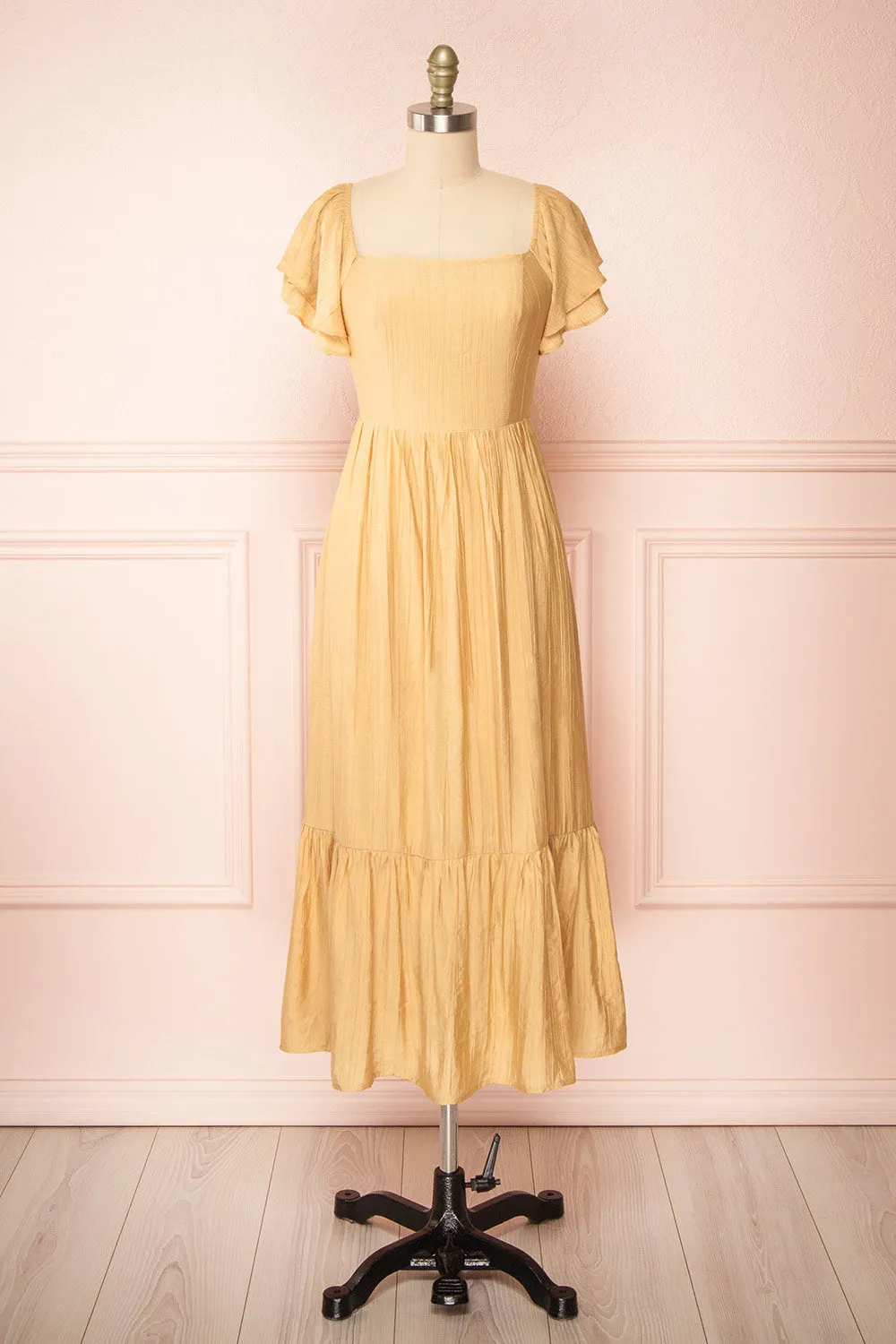 Myrtille Beige | Midi Dress w/ Ruffled Sleeves