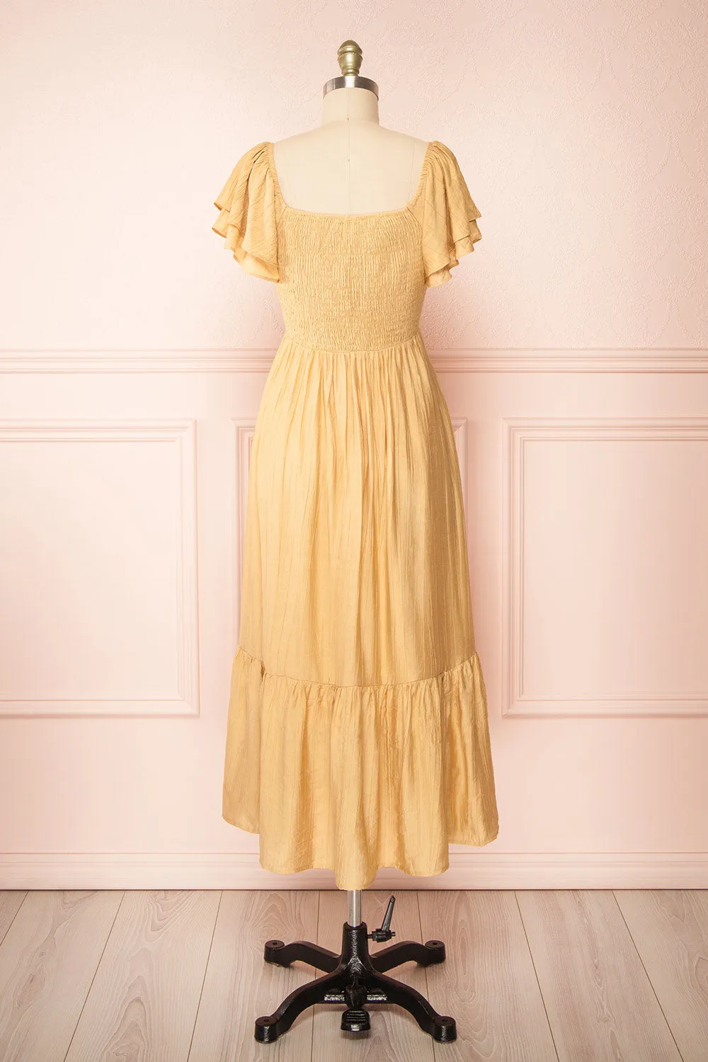 Myrtille Beige | Midi Dress w/ Ruffled Sleeves