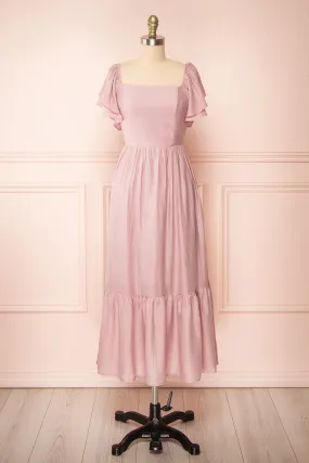 Myrtille | Mauve Midi Dress w/ Ruffled Sleeves