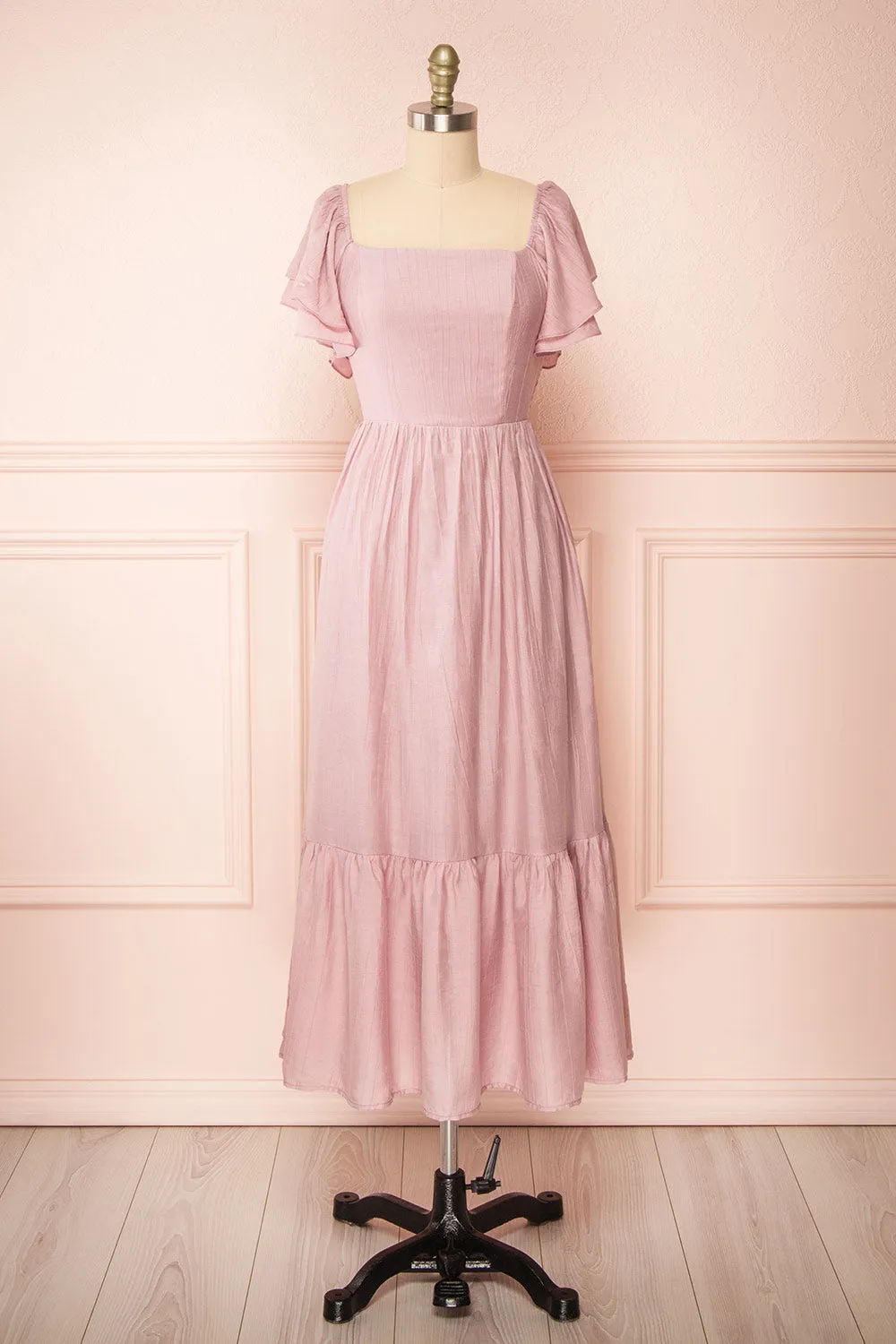 Myrtille | Mauve Midi Dress w/ Ruffled Sleeves